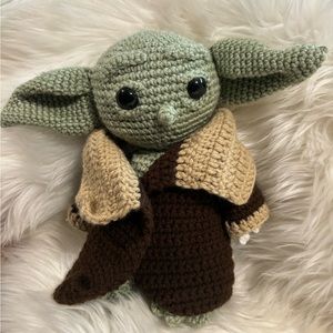 Hand crafted-crocheted Grogu Soft Doll with jacket